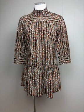 Vintage Free People Prairie Mini Dress Floral Mock Neck Boho Cottagecore Size 8